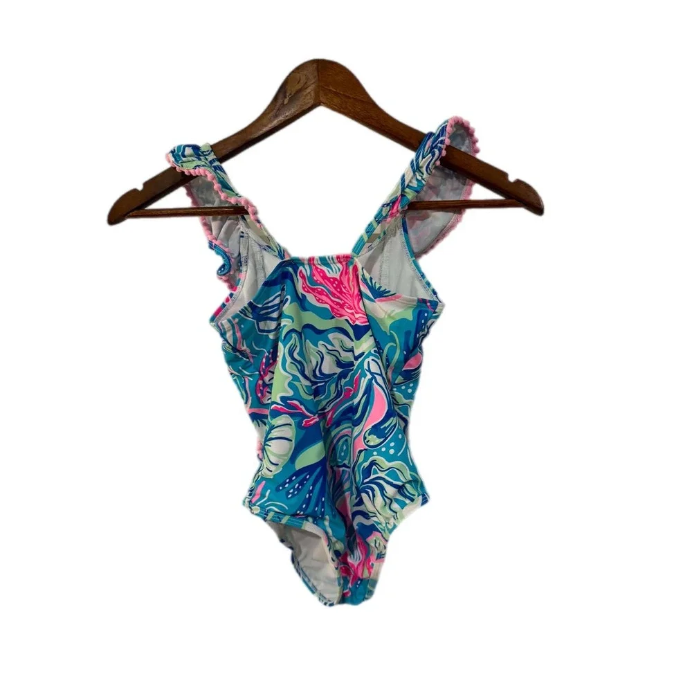 Tommy Bahama Swimsuit One Piece Kids Size 7 Blue Pink Tropical Ruffle Pom Pom EX
